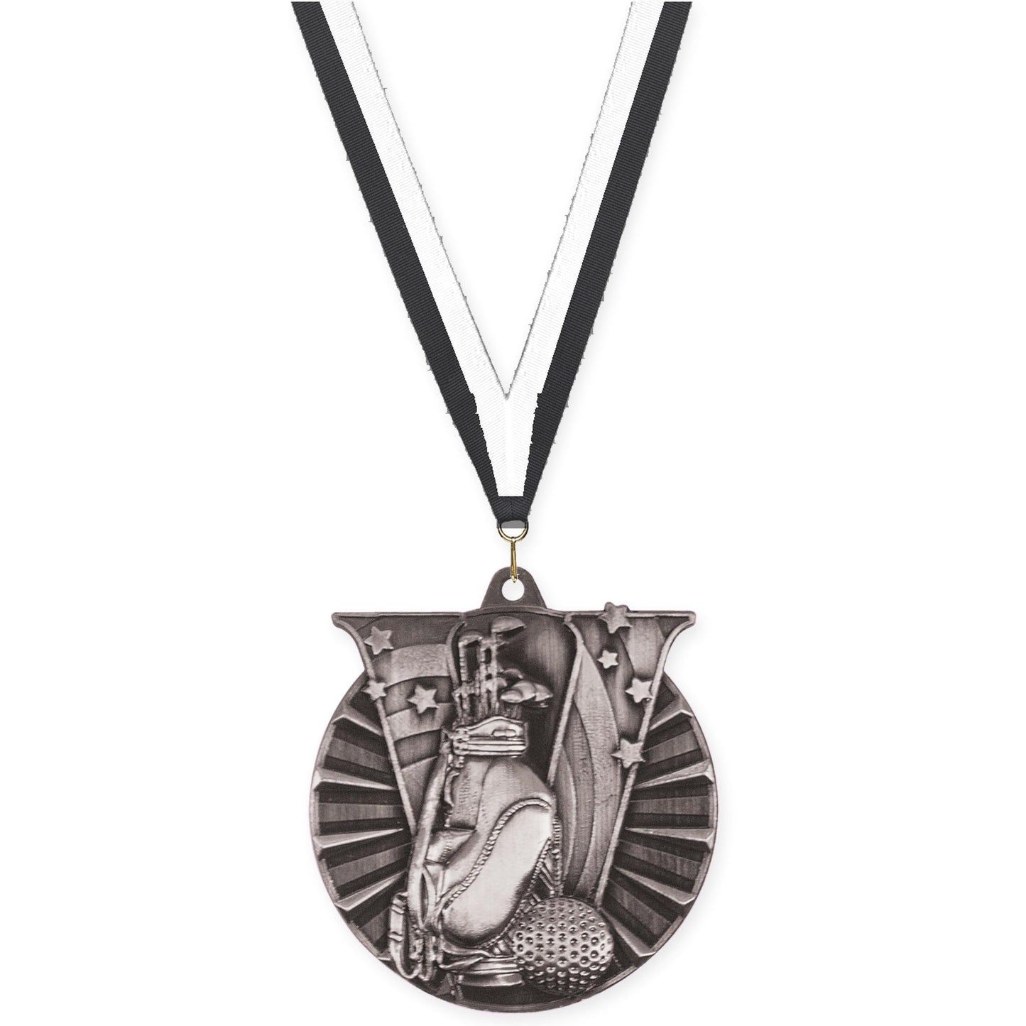 2 inch golf Victory medal in antique silver with Black White neck ribbon