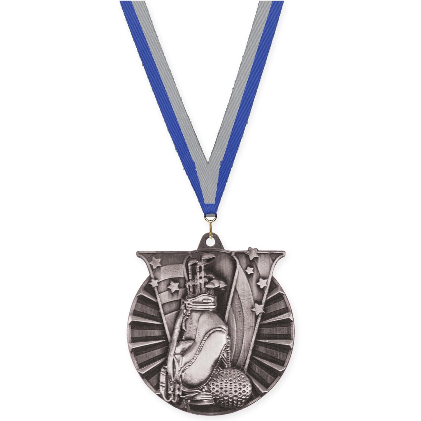 2 inch golf Victory medal in antique silver with Blue Gray neck ribbon