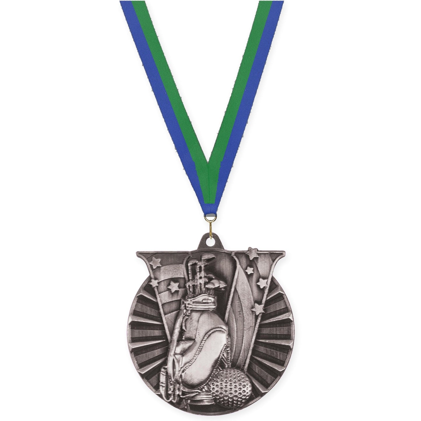 2 inch golf Victory medal in antique silver with Blue Green neck ribbon
