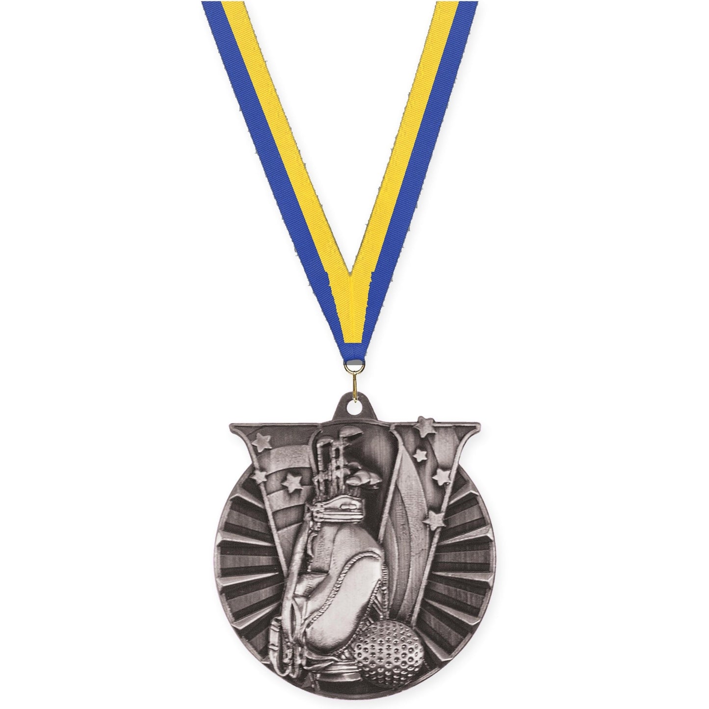 2 inch golf Victory medal in antique silver with Blue Yellow neck ribbon