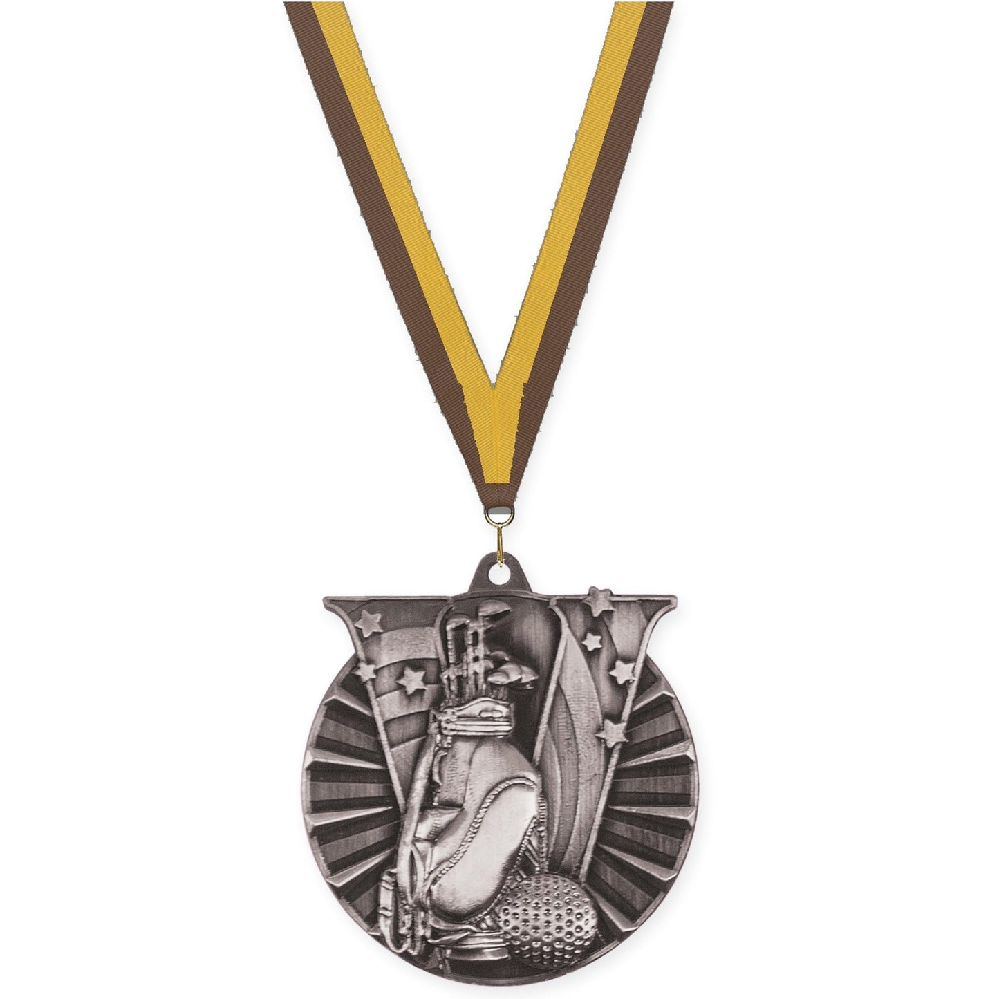 2 inch golf Victory medal in antique silver with Brown Gold neck ribbon