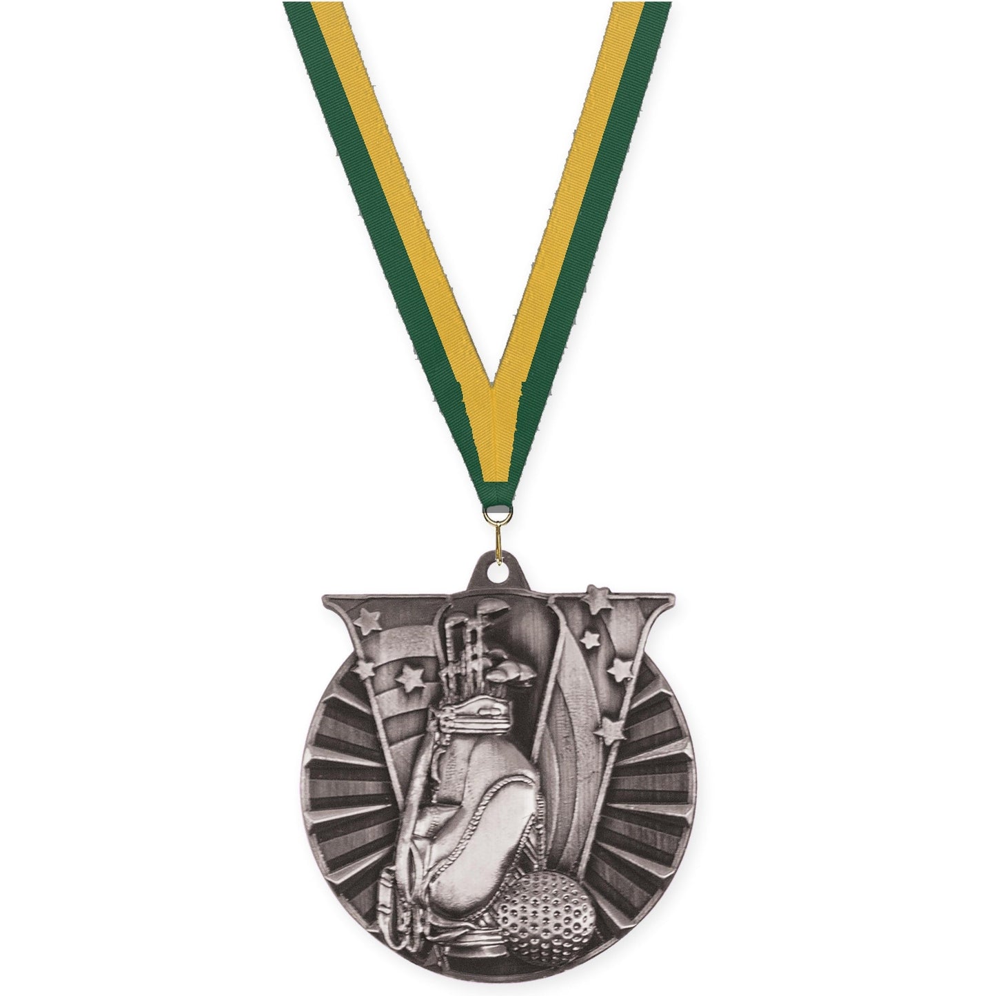 2 inch golf Victory medal in antique silver with Hunter Green Gold neck ribbon