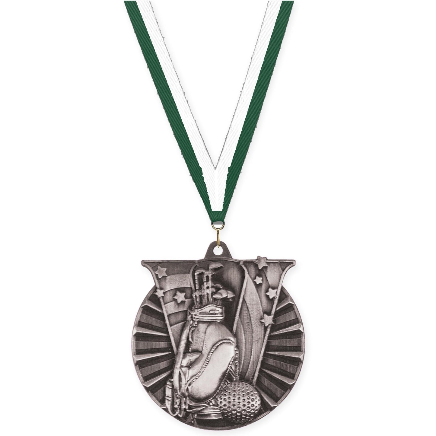 2 inch golf Victory medal in antique silver with Hunter Green White neck ribbon