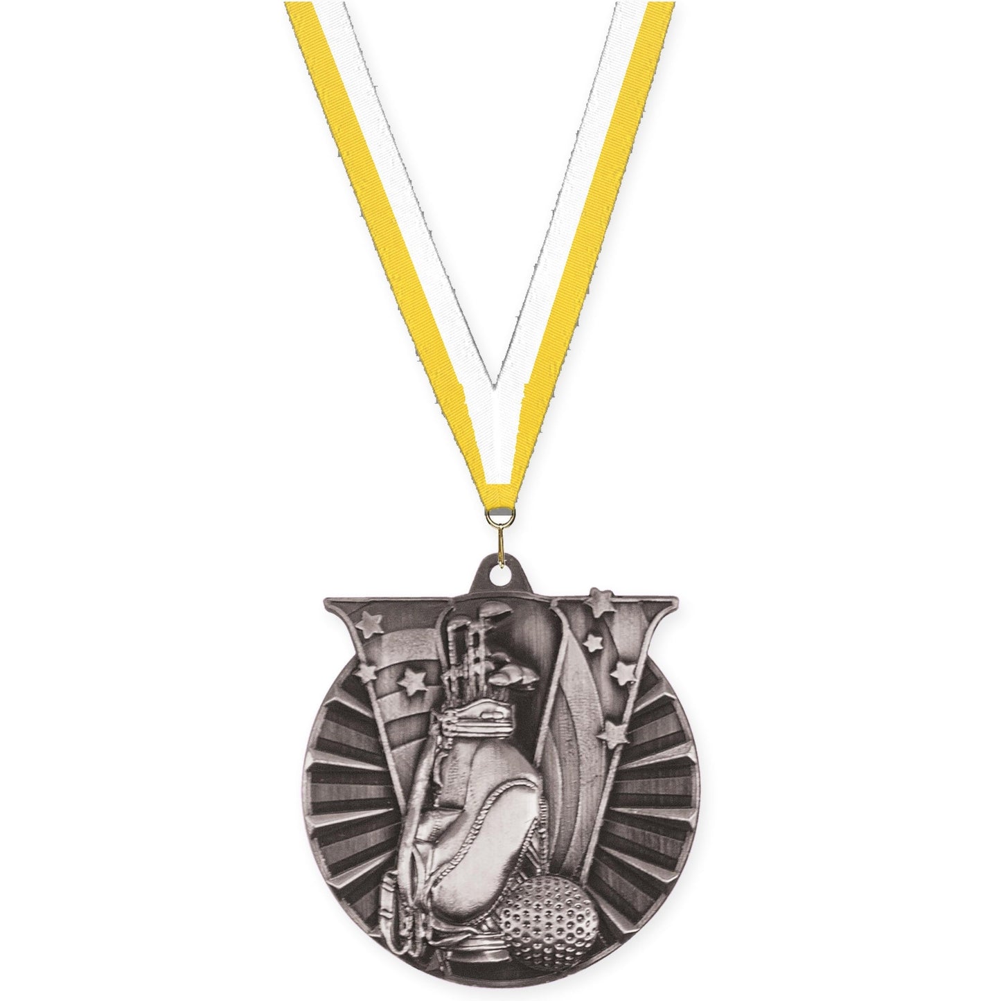 2 inch golf Victory medal in antique silver with Yellow White neck ribbon