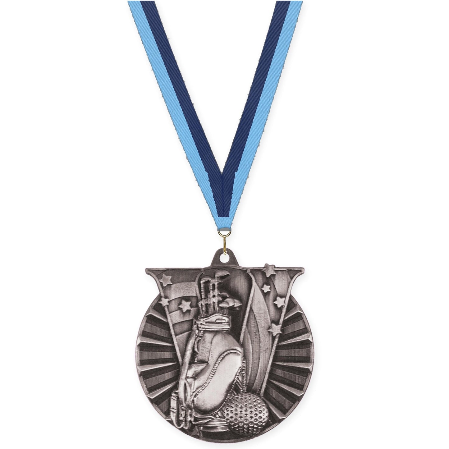 2 inch golf Victory medal in antique silver with Light Blue Navy neck ribbon