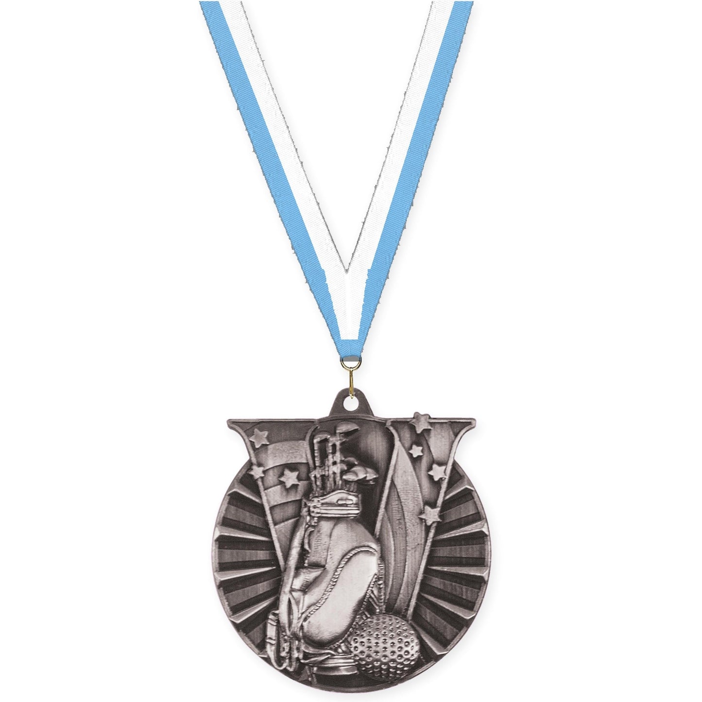 2 inch golf Victory medal in antique silver with Light Blue White neck ribbon
