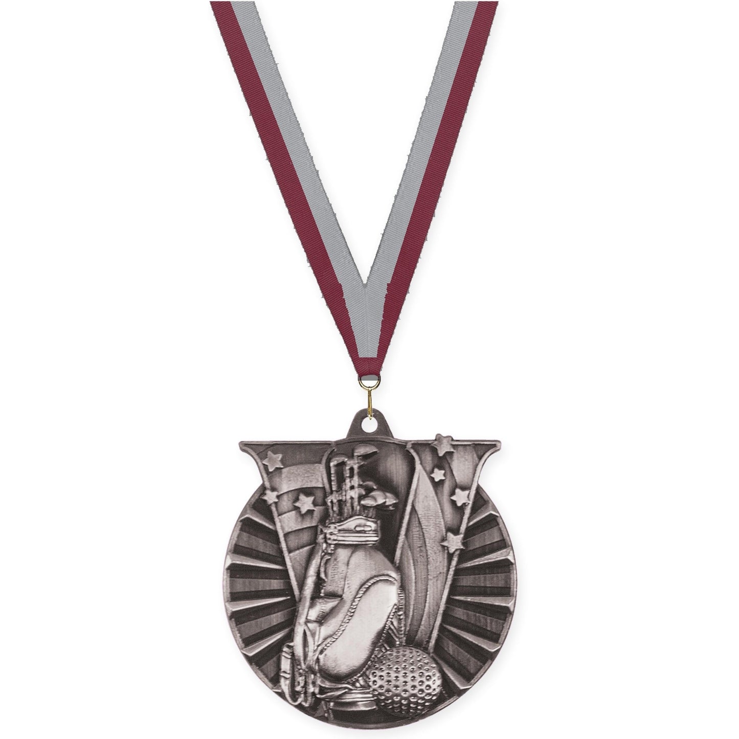 2 inch golf Victory medal in antique silver with Maroon Gray neck ribbon
