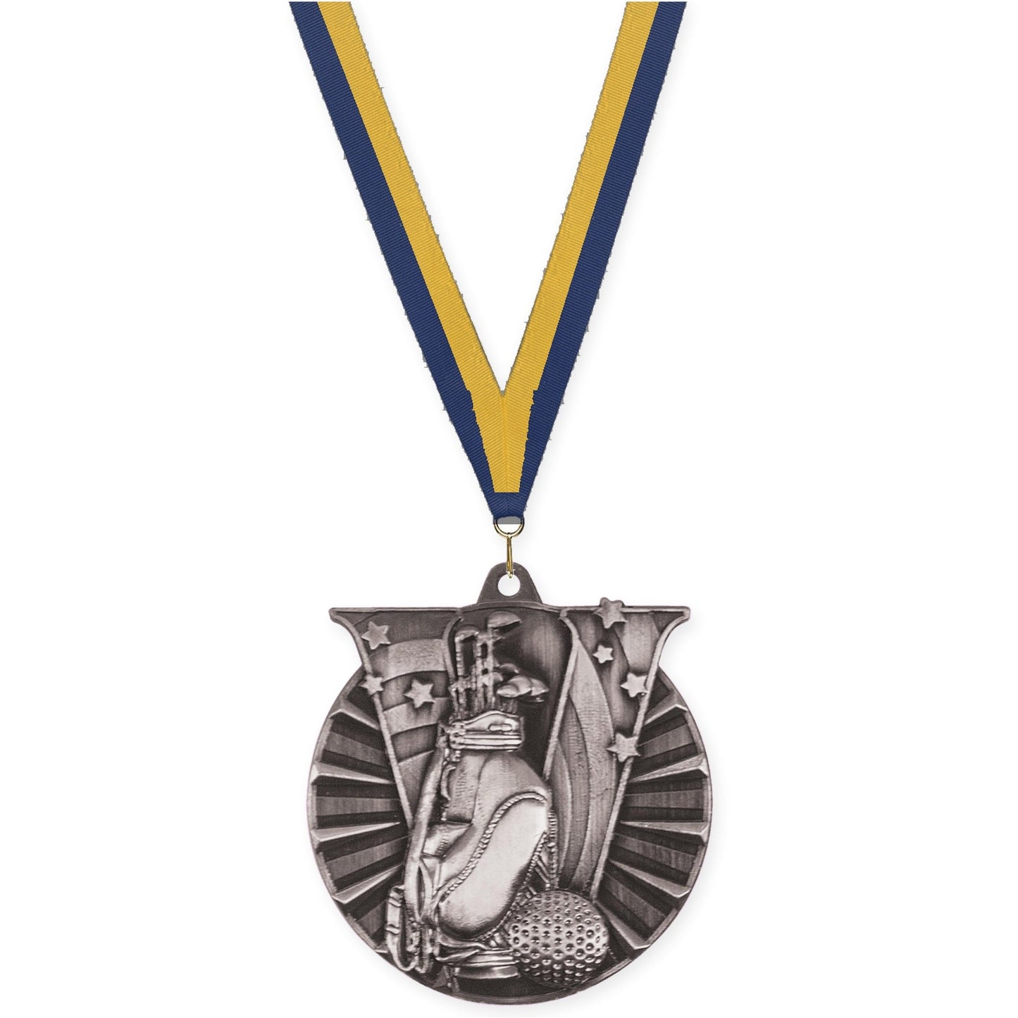 2 inch golf Victory medal in antique silver with Navy Gold neck ribbon