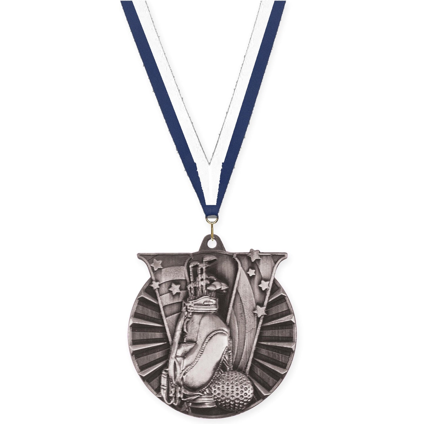 2 inch golf Victory medal in antique silver with Navy White neck ribbon