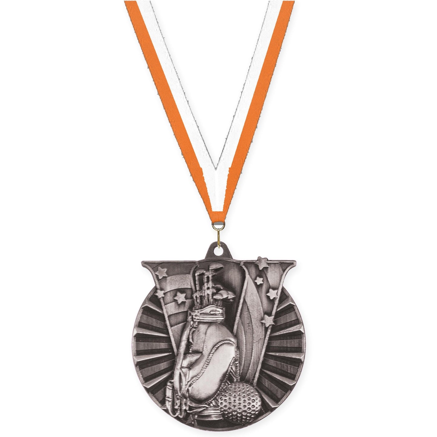 2 inch golf Victory medal in antique silver with Orange White neck ribbon