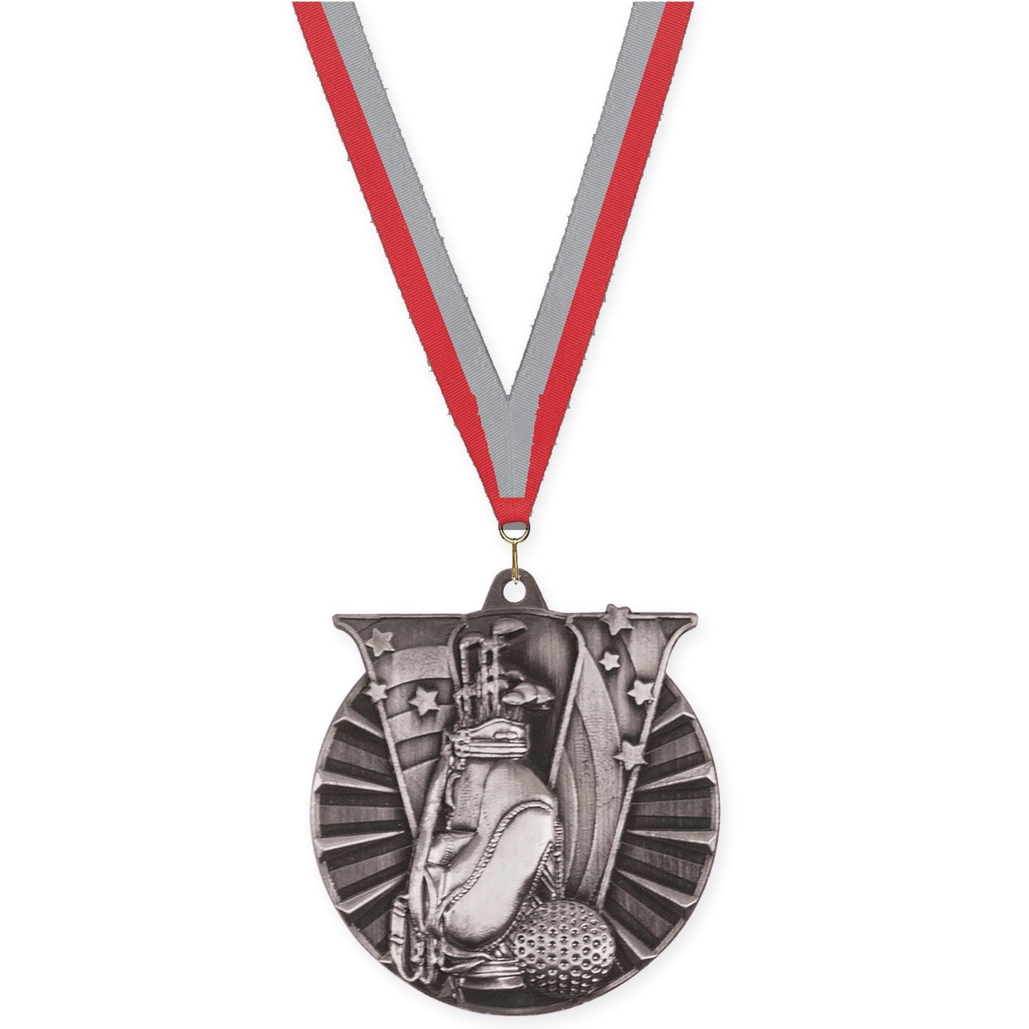 2 inch golf Victory medal in antique silver with Red Gray neck ribbon