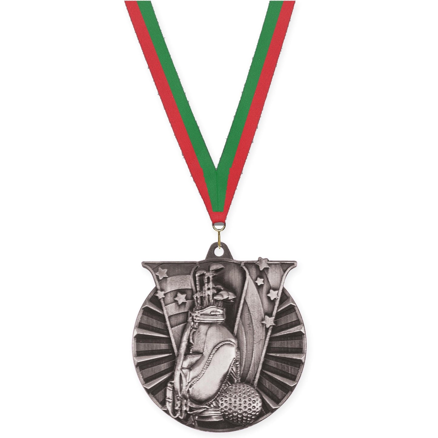 2 inch golf Victory medal in antique silver with Red Green neck ribbon