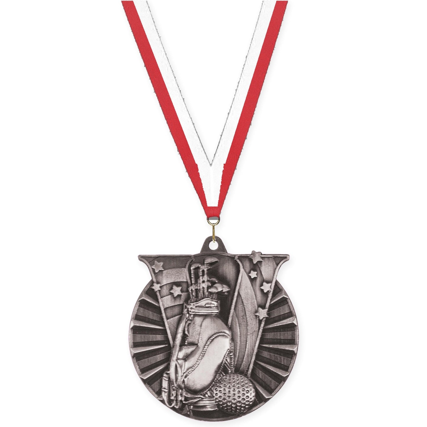 2 inch golf Victory medal in antique silver with Red White neck ribbon