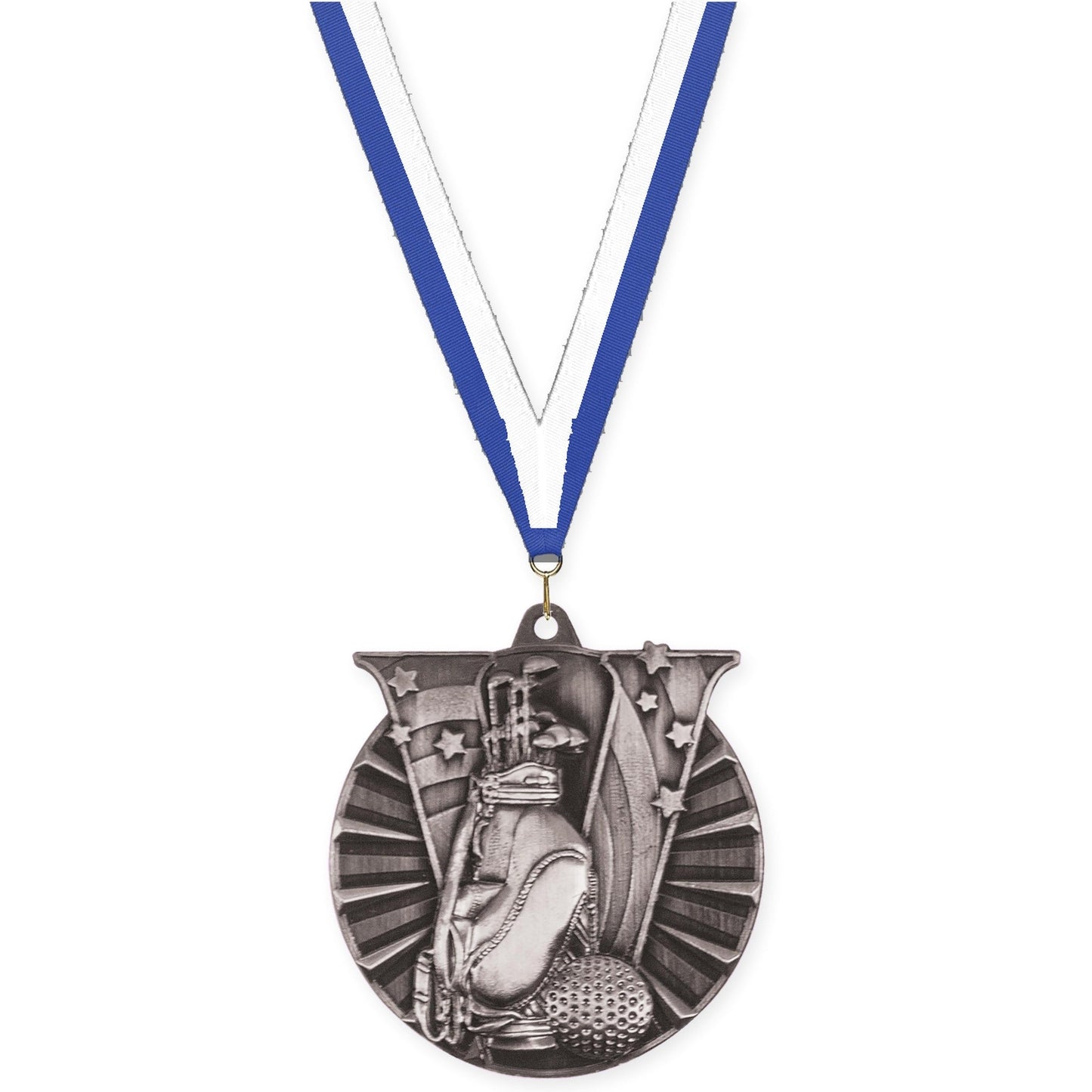 2 inch golf Victory medal in antique silver with Blue White neck ribbon