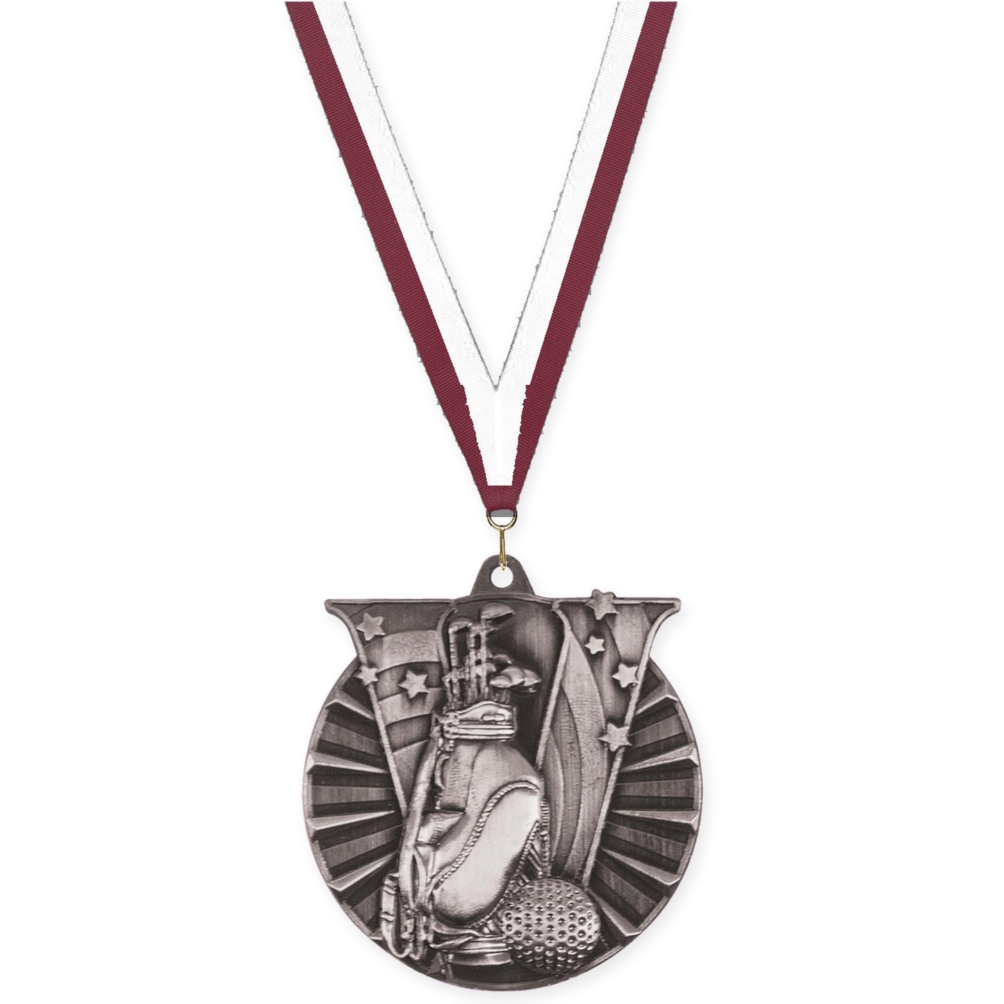 2 inch golf Victory medal in antique silver with Maroon White neck ribbon