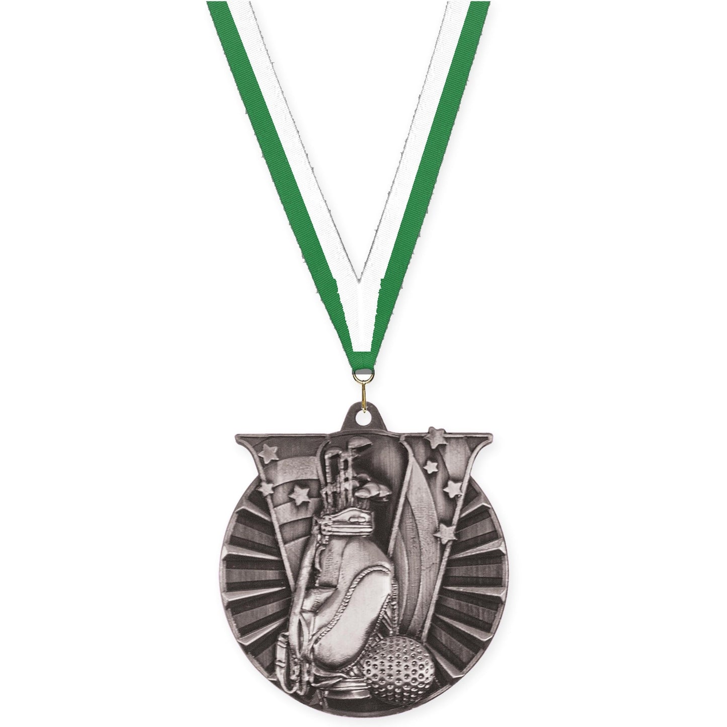 2 inch golf Victory medal in antique silver with Green White neck ribbon