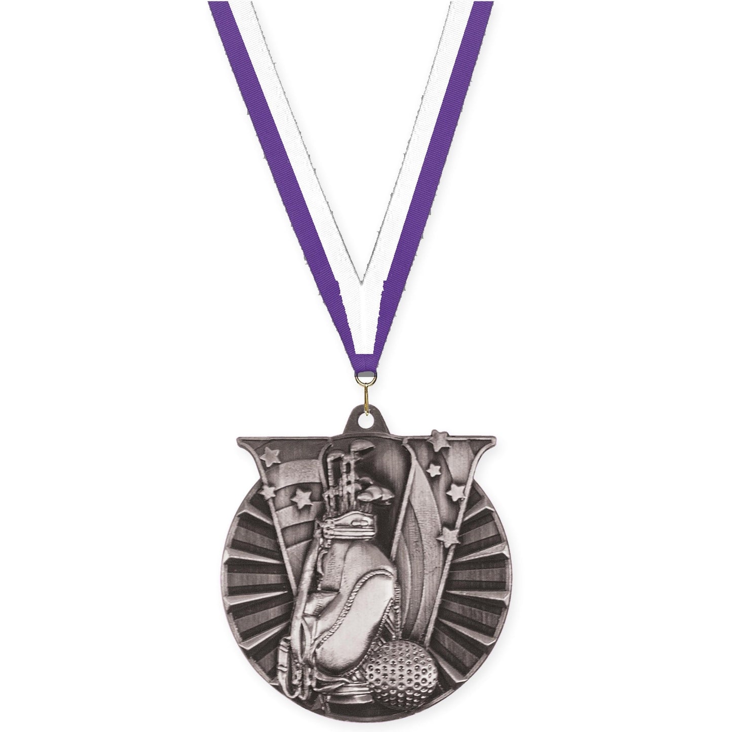 2 inch golf Victory medal in antique silver with Purple White neck ribbon
