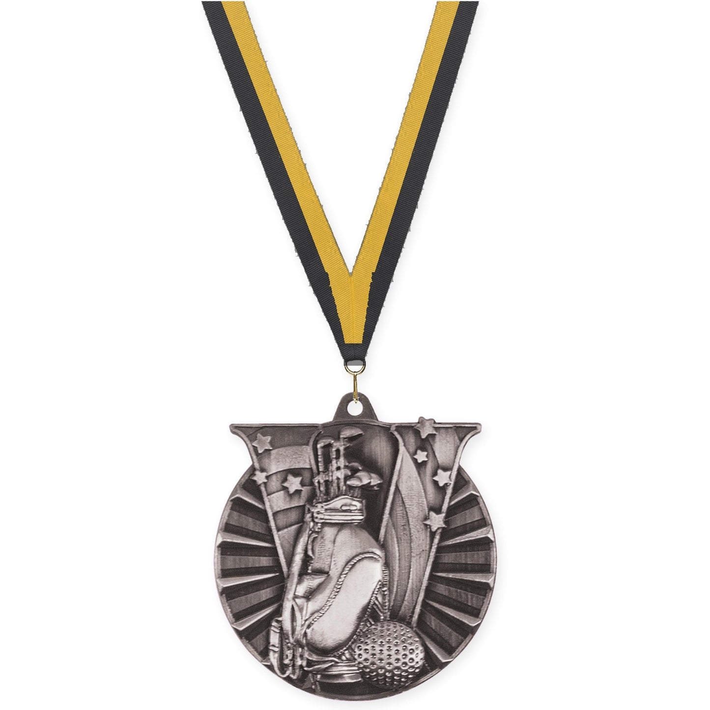 2 inch golf Victory medal in antique silver with Black Gold neck ribbon
