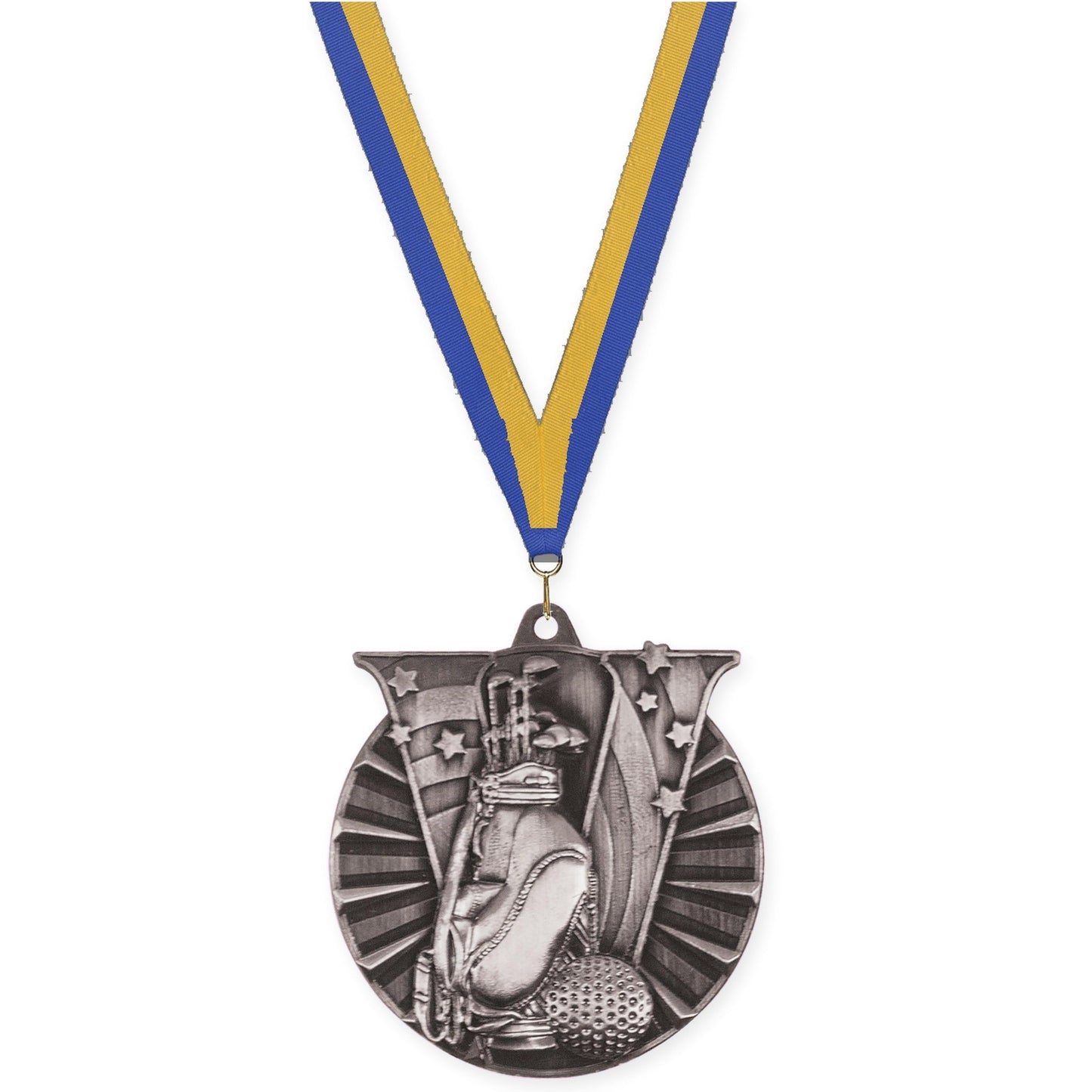 2 inch golf Victory medal in antique silver with Blue Gold neck ribbon