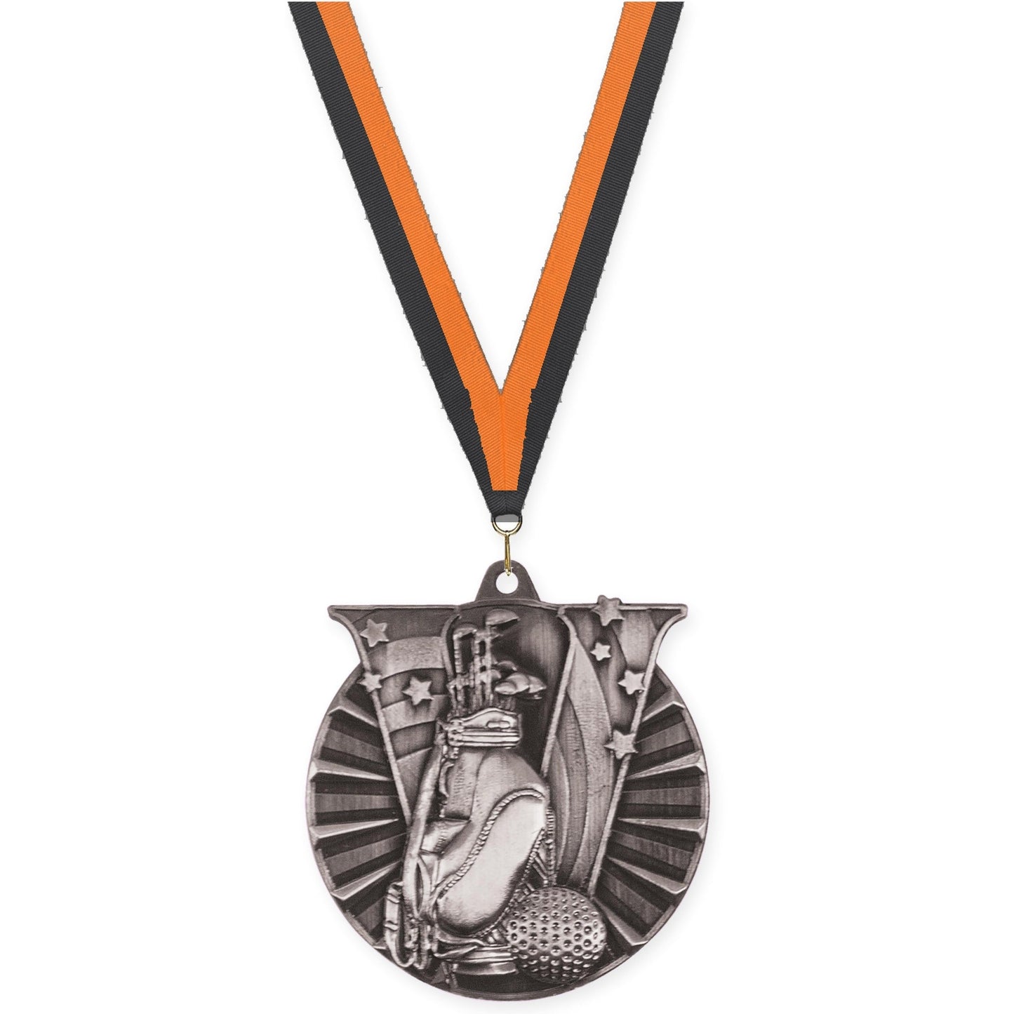 2 inch golf Victory medal in antique silver with Black Orange neck ribbon