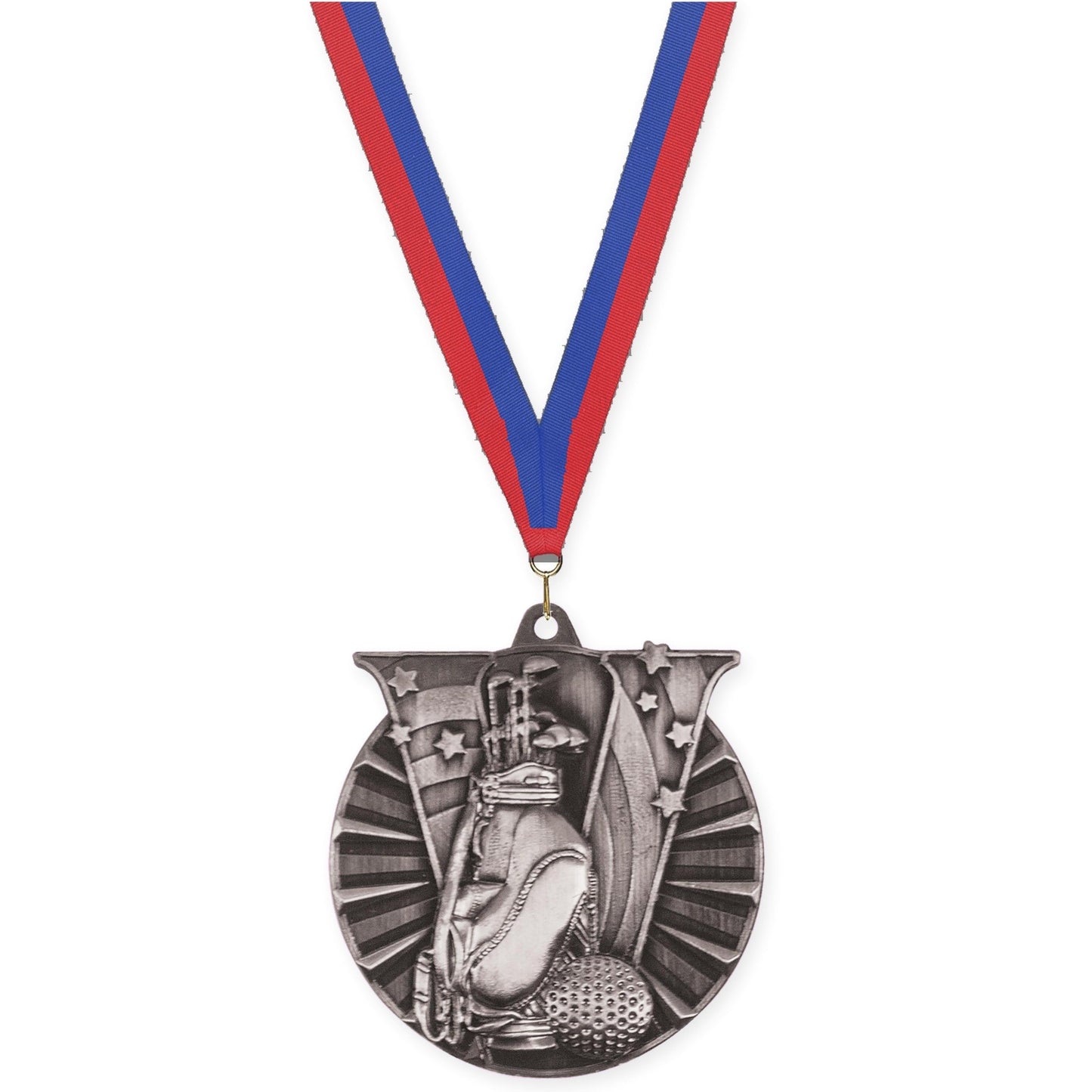 2 inch golf Victory medal in antique silver with Blue Red neck ribbon