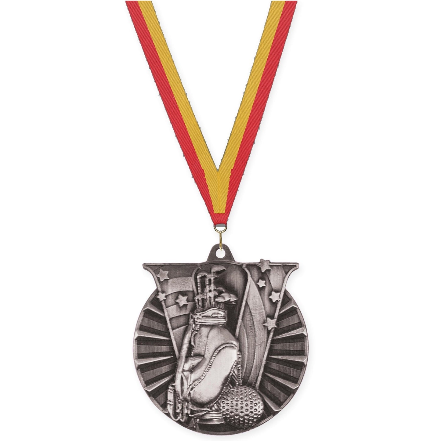 2 inch golf Victory medal in antique silver with Red Gold neck ribbon