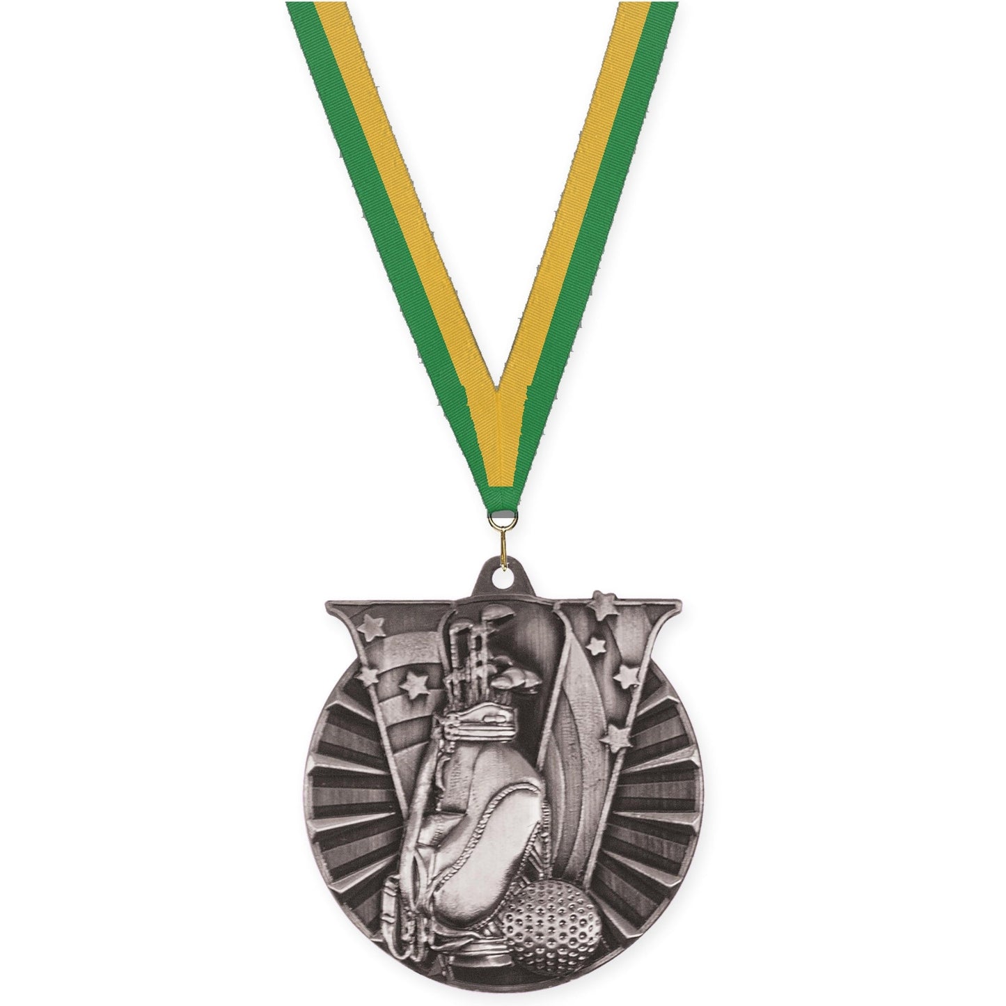 2 inch golf Victory medal in antique silver with Green Gold neck ribbon