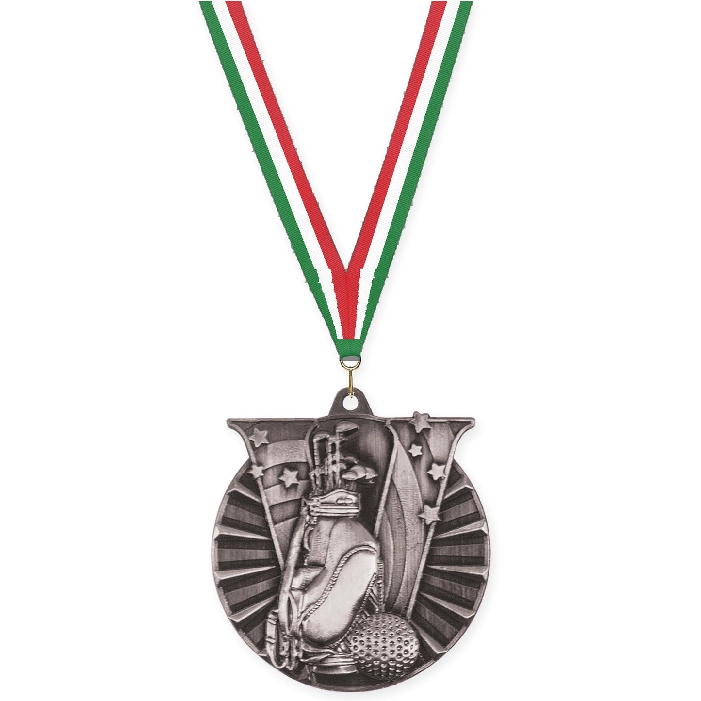 2 inch golf Victory medal in antique silver with Green White Red neck ribbon