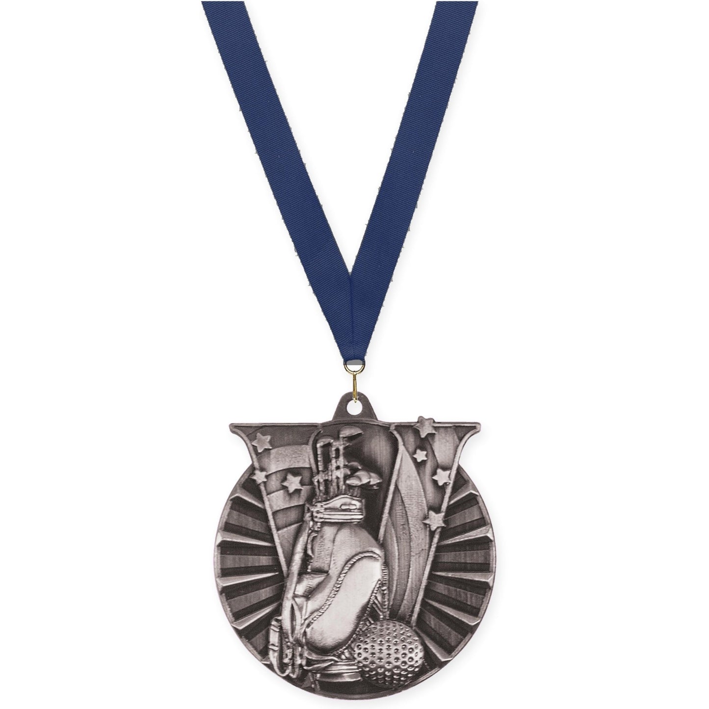 2 inch golf Victory medal in antique silver with Navy neck ribbon