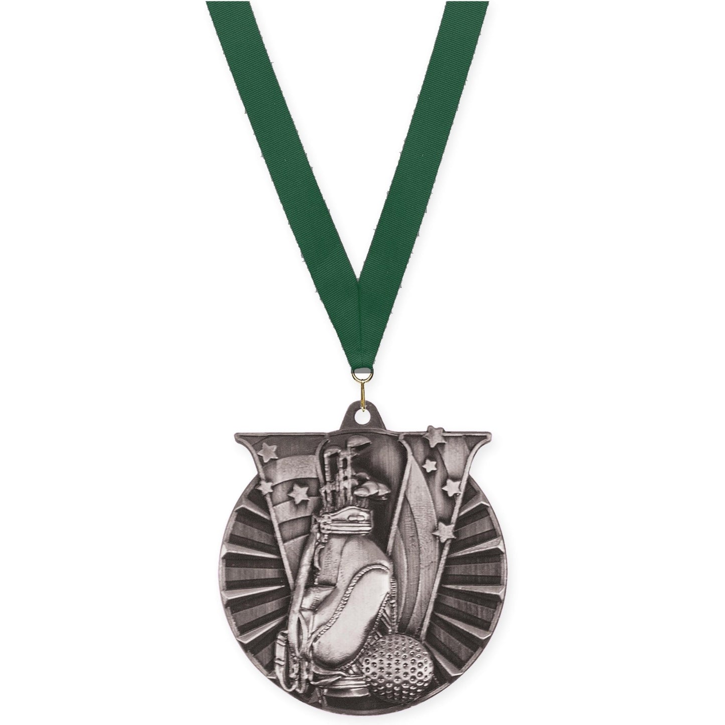 2 inch golf Victory medal in antique silver with Hunter Green neck ribbon