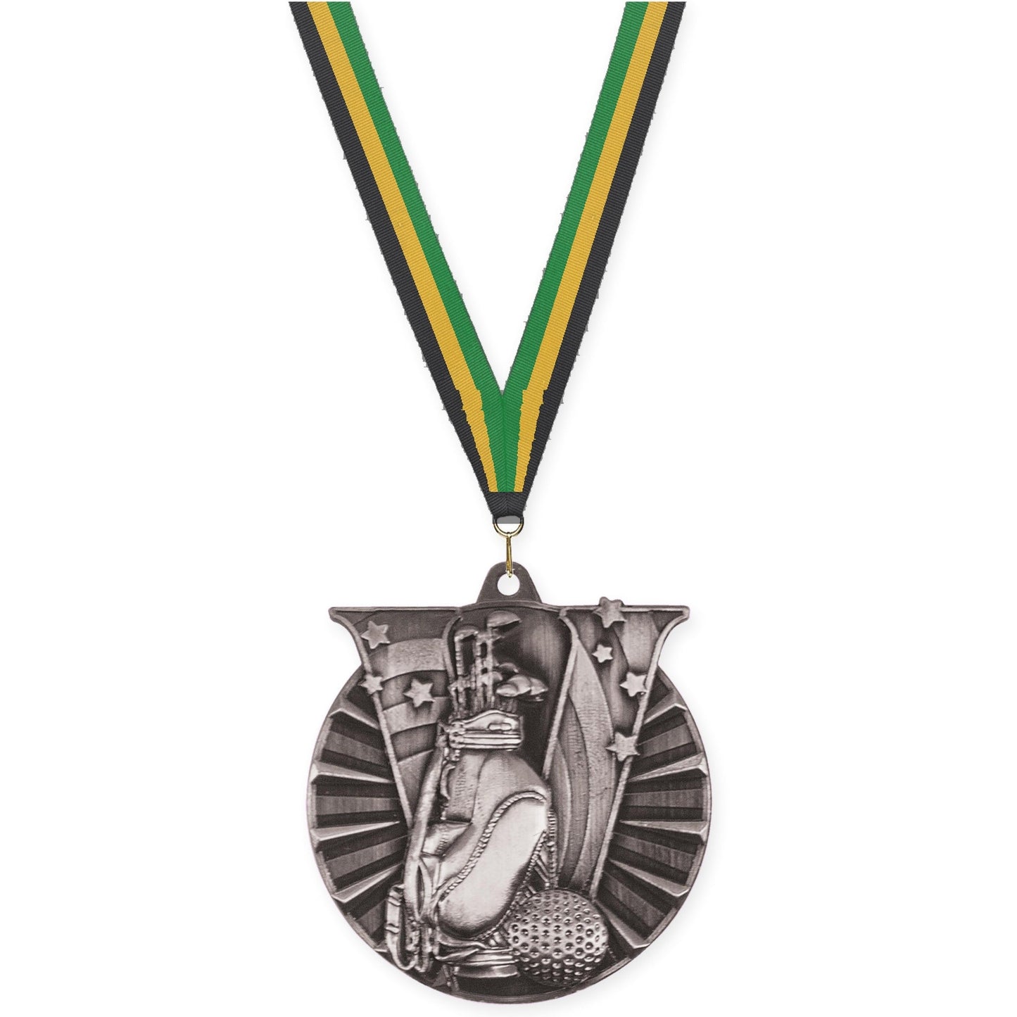 2 inch golf Victory medal in antique silver with Black Gold Green neck ribbon