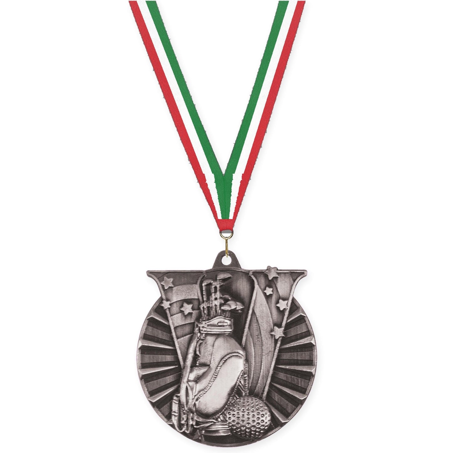 2 inch golf Victory medal in antique silver with Red White Green neck ribbon