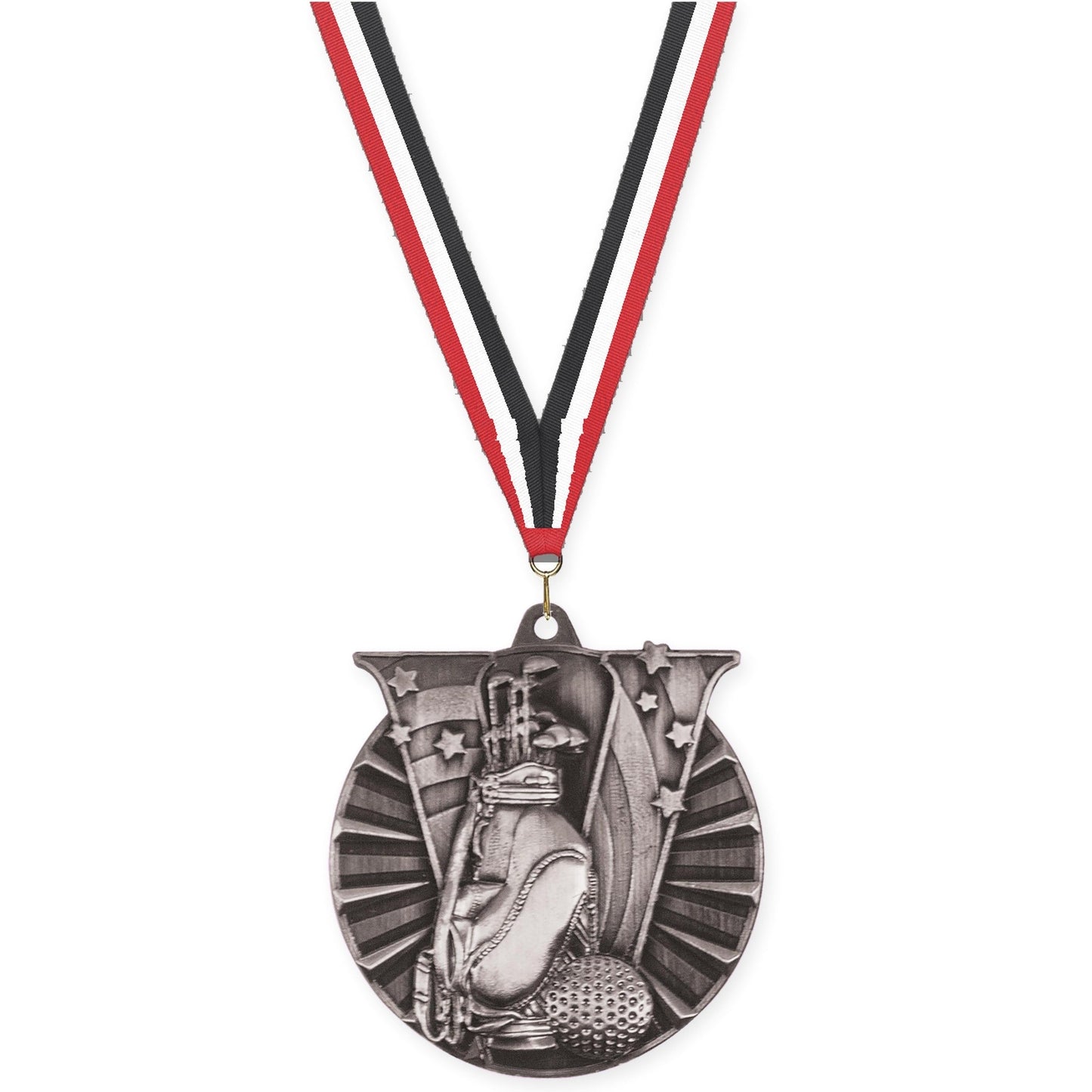 2 inch golf Victory medal in antique silver with Red White Black neck ribbon