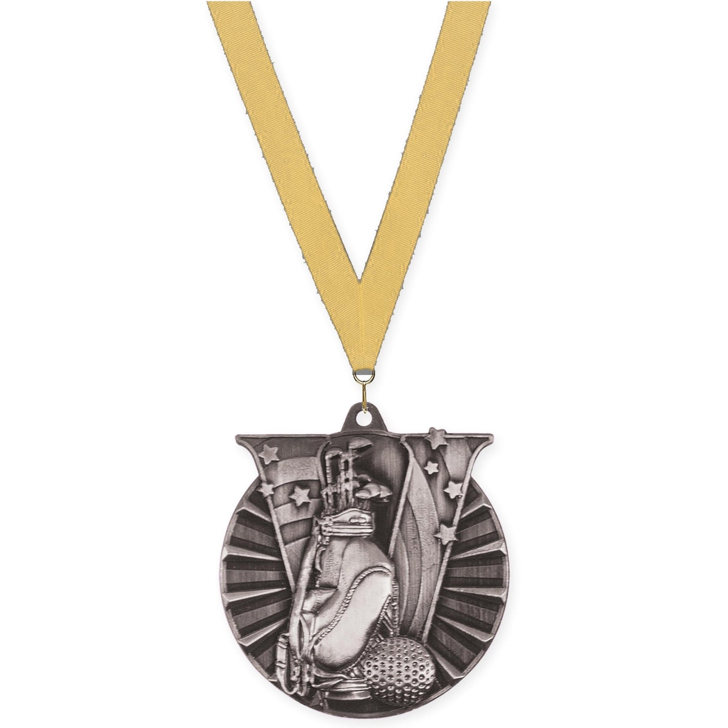 2 inch golf Victory medal in antique silver with Gold Metallic neck ribbon