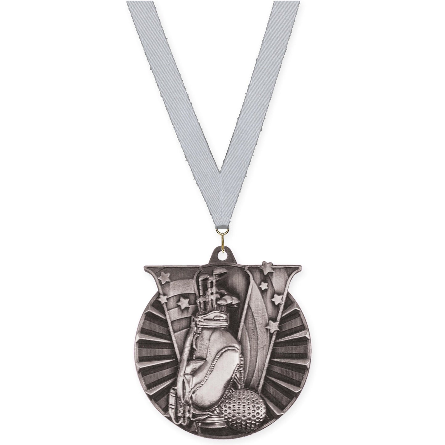 2 inch golf Victory medal in antique silver with Silver Metallic neck ribbon