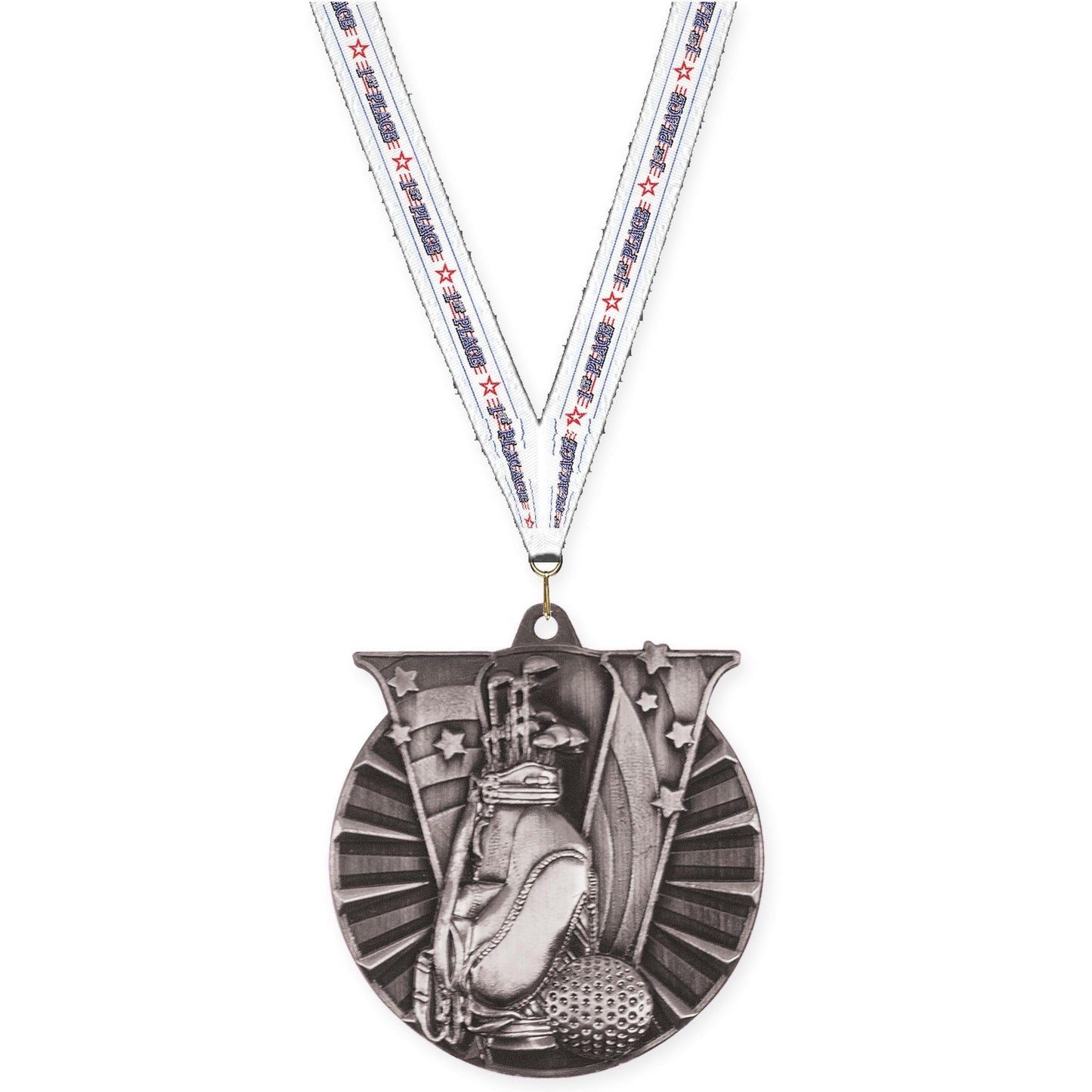 2 inch golf Victory medal in antique silver with 1st Place neck ribbon