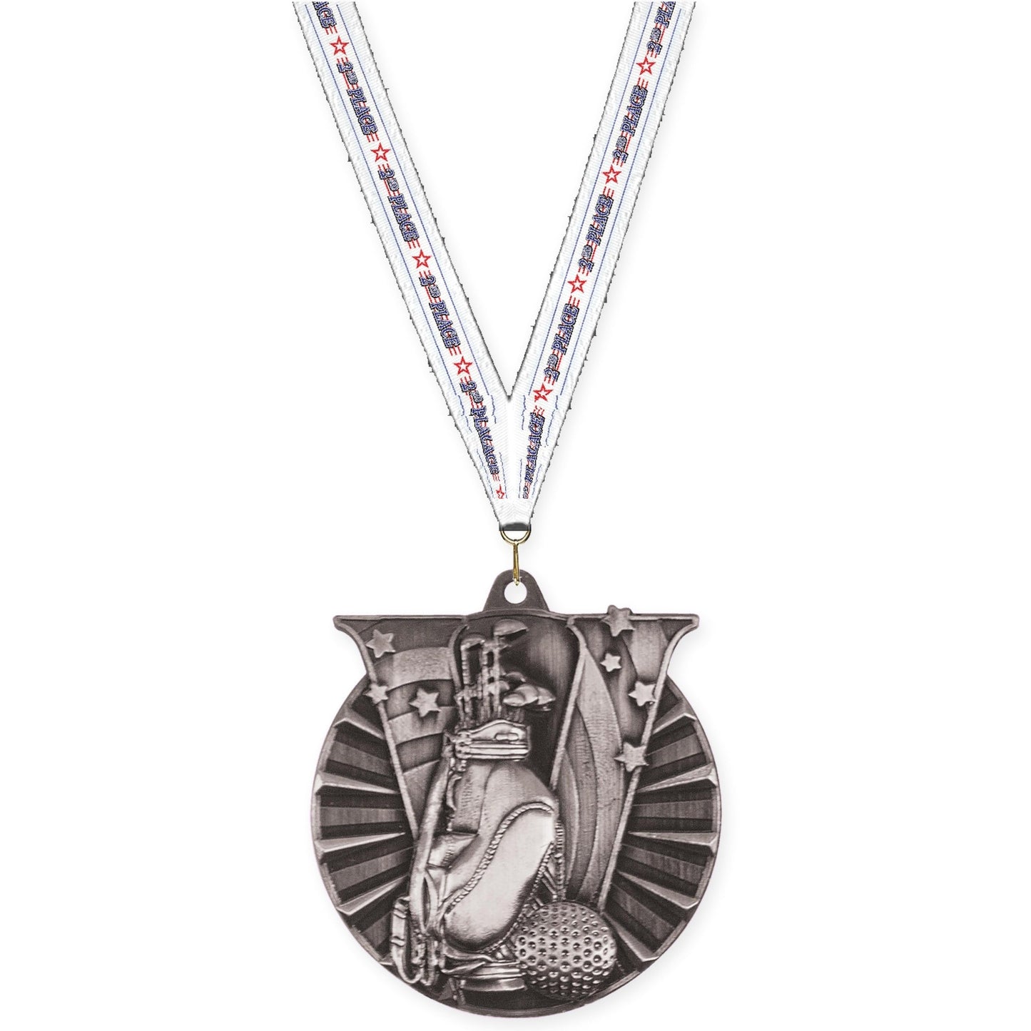2 inch golf Victory medal in antique silver with 2nd Place neck ribbon