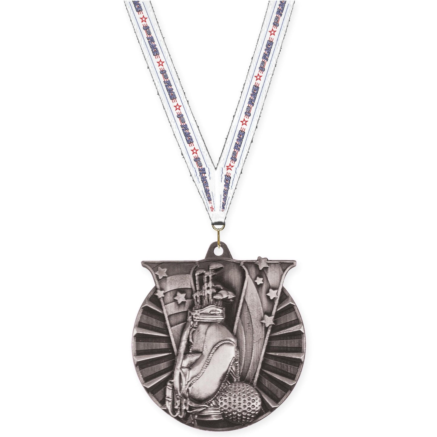 2 inch golf Victory medal in antique silver with 3rd Place neck ribbon