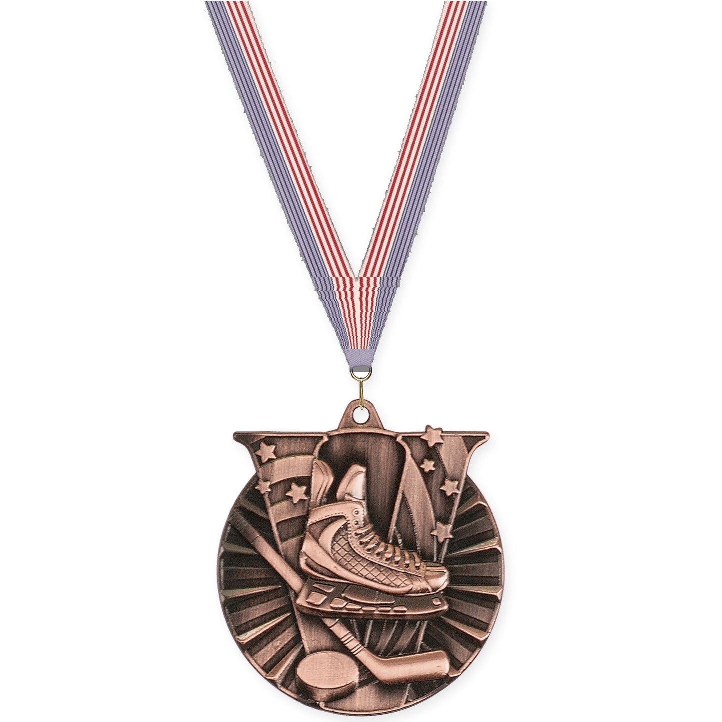 2 inch hockey Victory medal in antique bronze with USA Flag neck ribbon