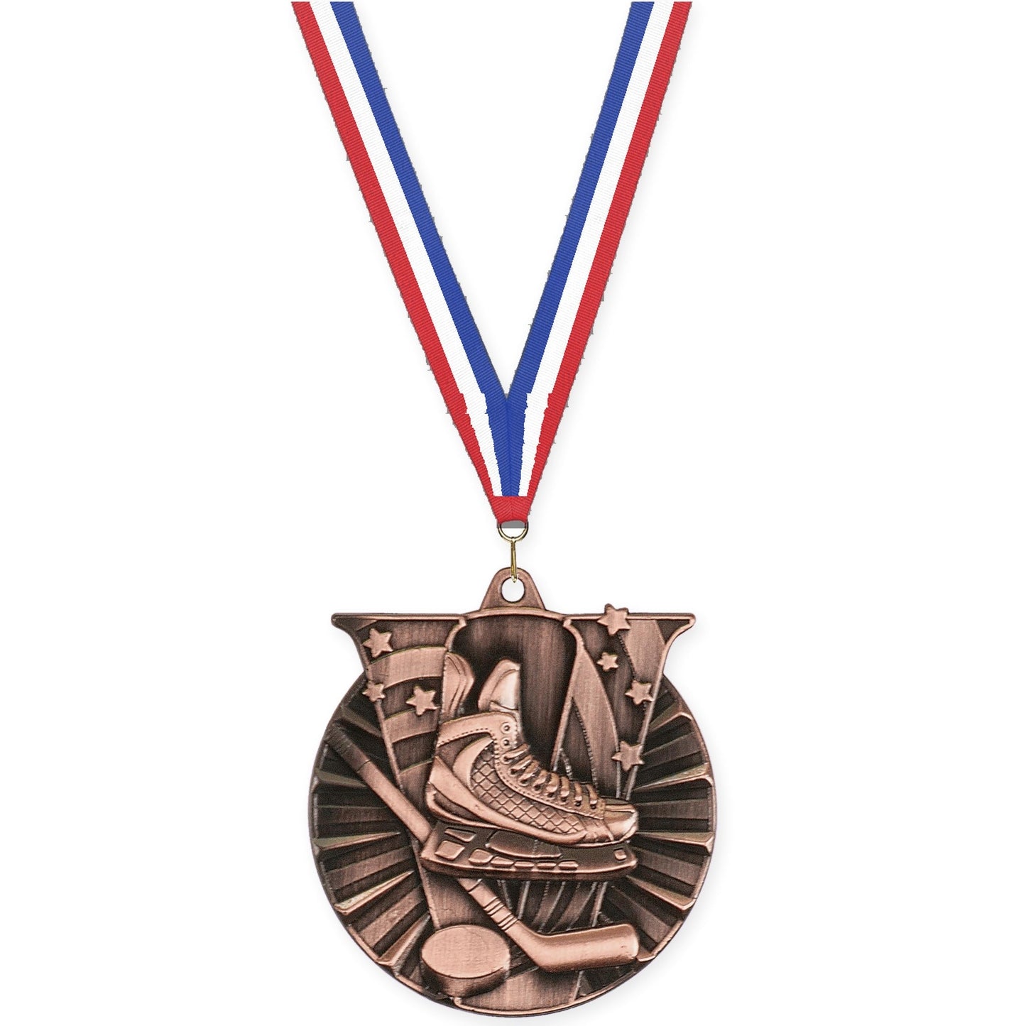 2 inch hockey Victory medal in antique bronze with Red White Blue neck ribbon