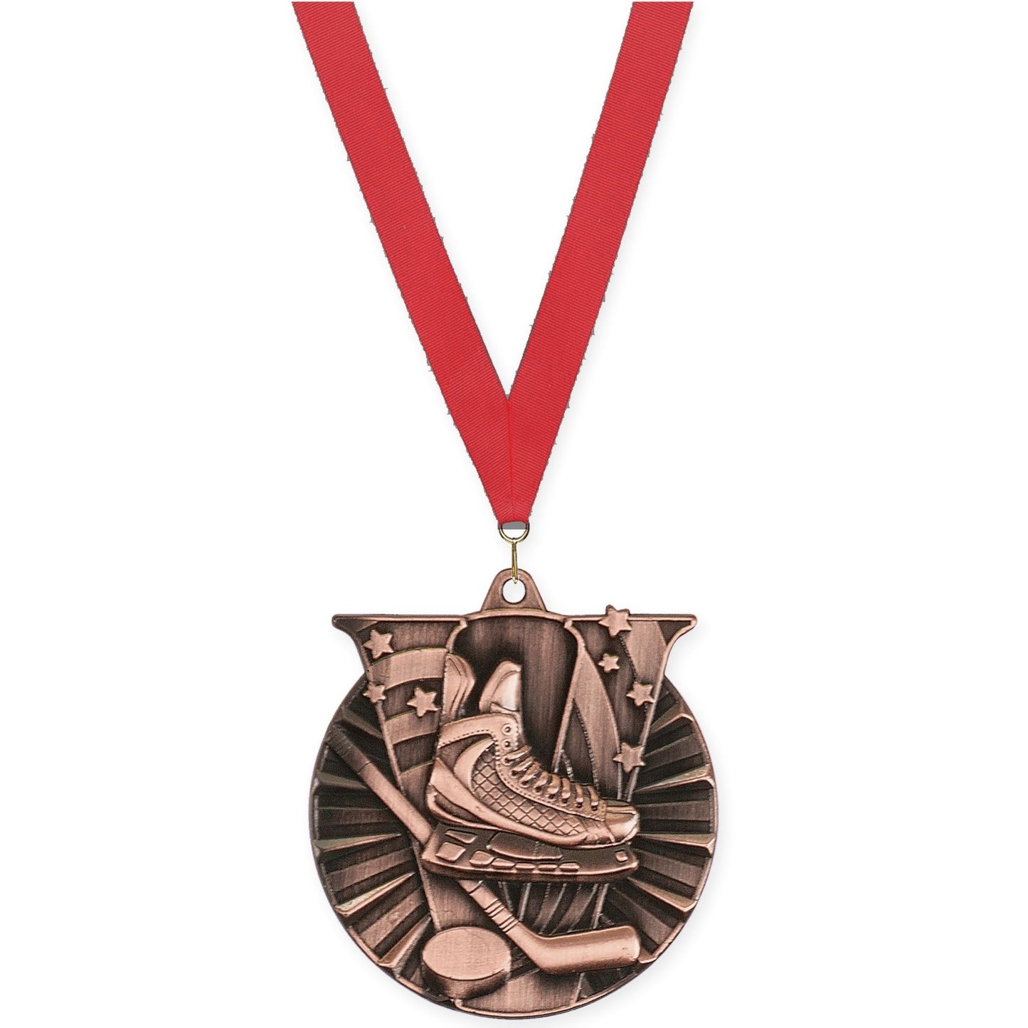 2 inch hockey Victory medal in antique bronze with Red neck ribbon