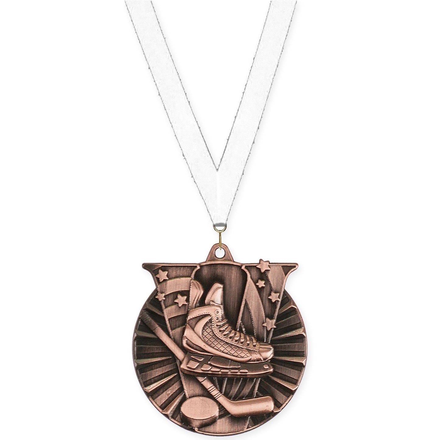 2 inch hockey Victory medal in antique bronze with White neck ribbon