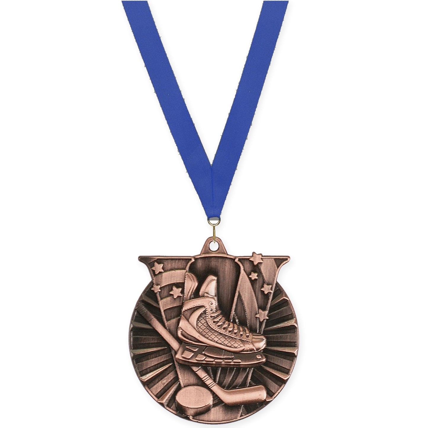 2 inch hockey Victory medal in antique bronze with Blue neck ribbon