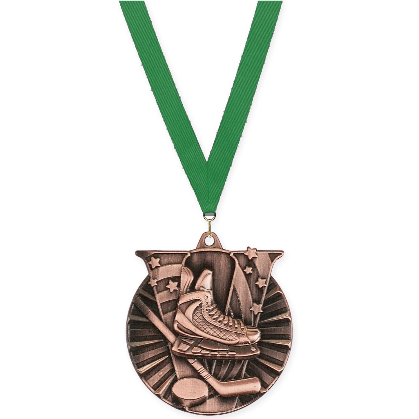 2 inch hockey Victory medal in antique bronze with Green neck ribbon