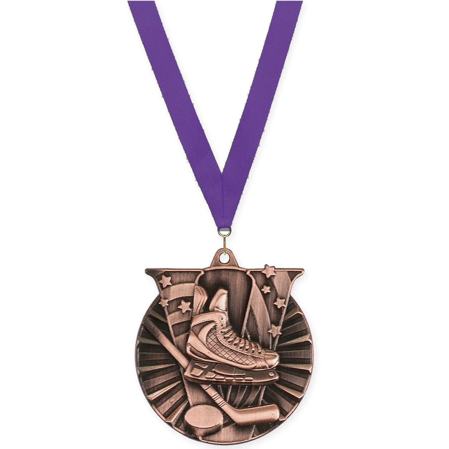 2 inch hockey Victory medal in antique bronze with Purple neck ribbon
