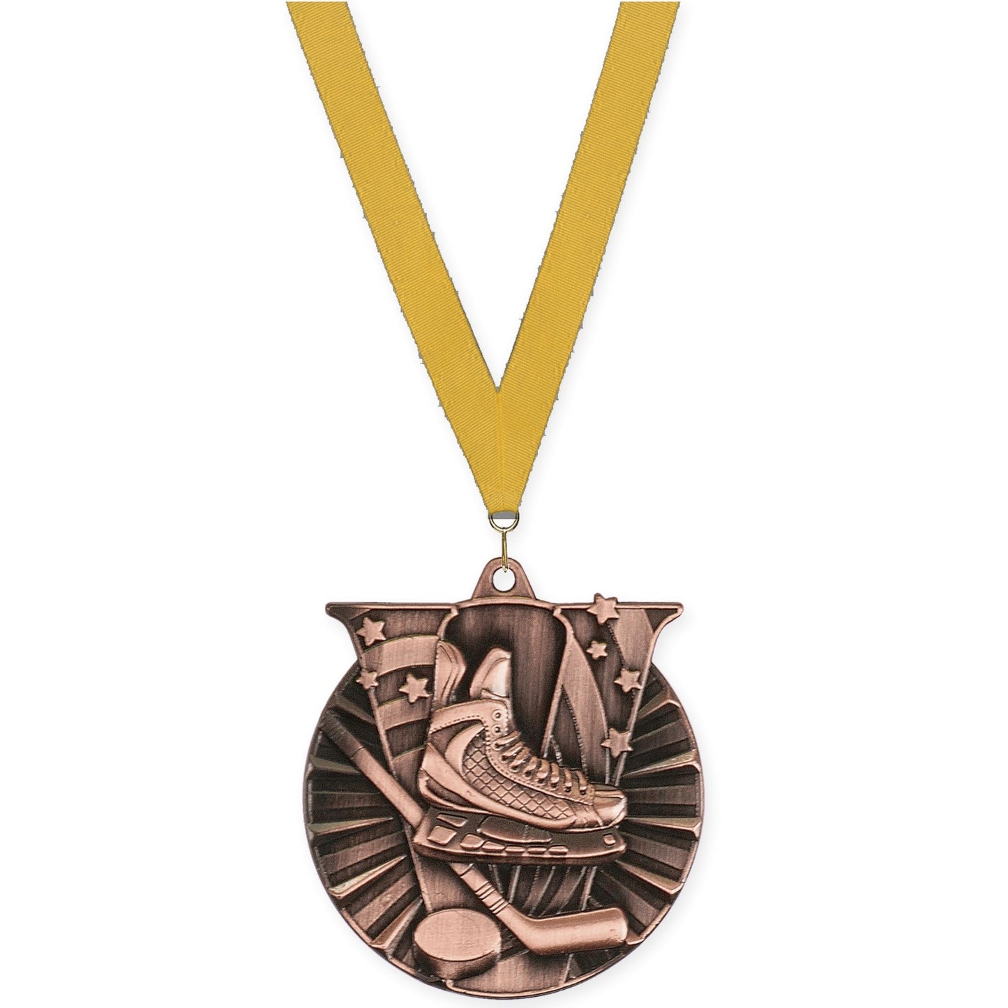 2 inch hockey Victory medal in antique bronze with Gold neck ribbon