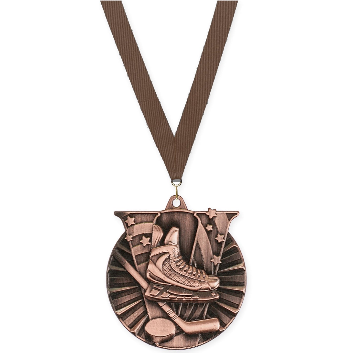 2 inch hockey Victory medal in antique bronze with Brown neck ribbon