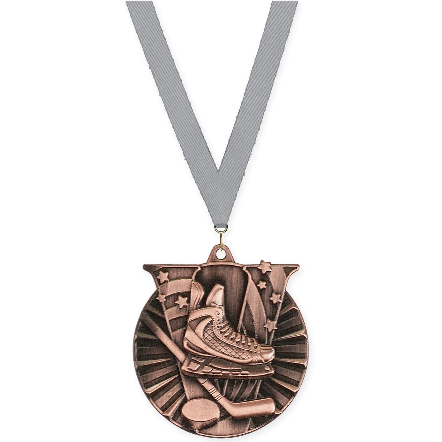 2 inch hockey Victory medal in antique bronze with Gray neck ribbon