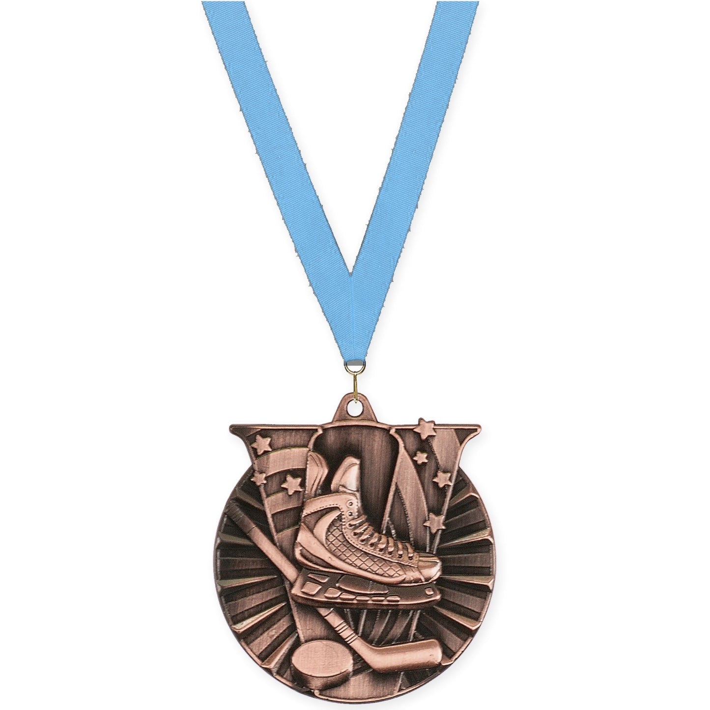 2 inch hockey Victory medal in antique bronze with Light Blue neck ribbon
