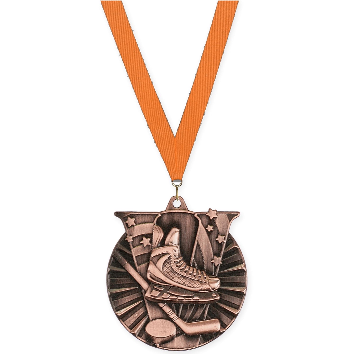 2 inch hockey Victory medal in antique bronze with Orange neck ribbon